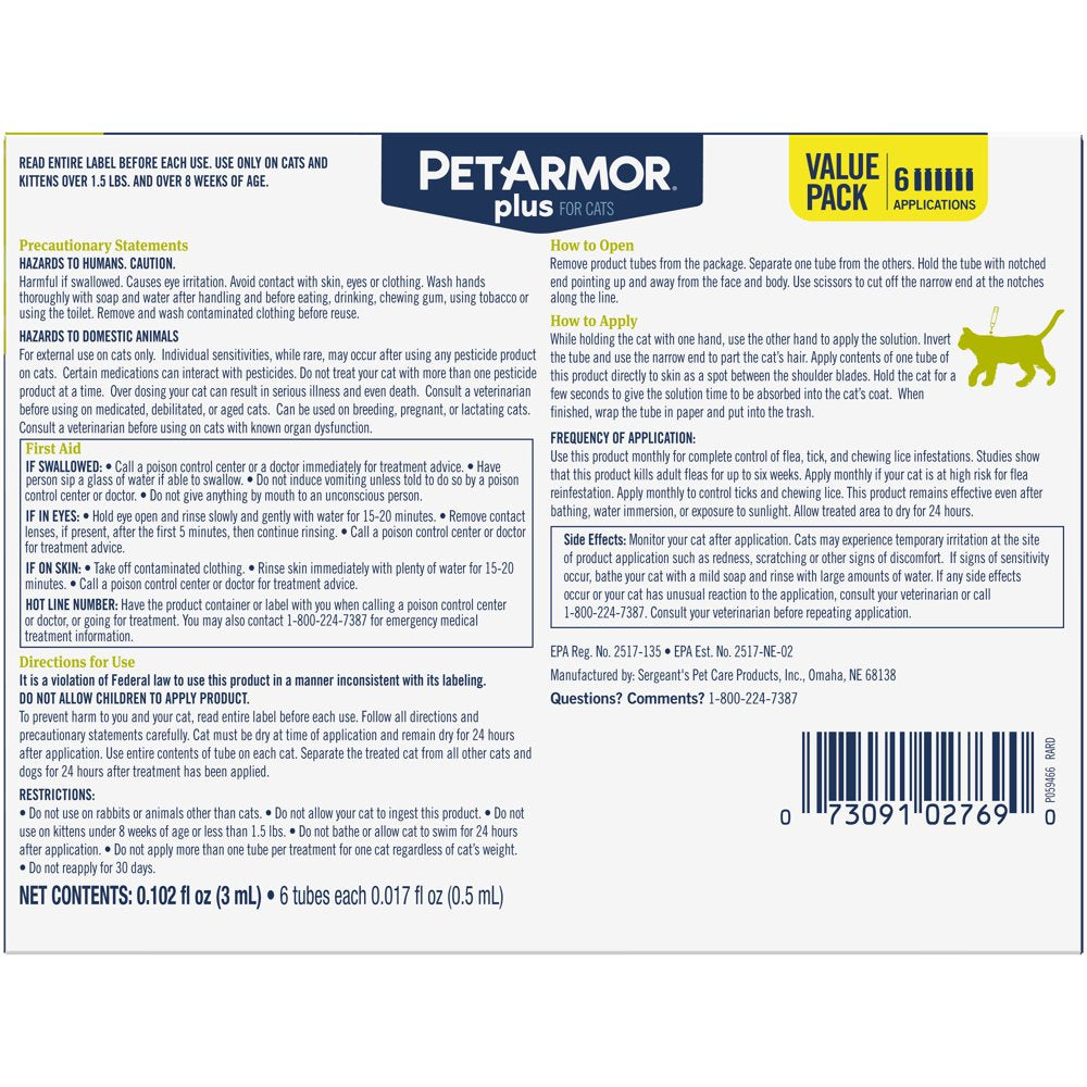 Petarmor plus Flea & Tick Prevention for Cats (Over 1.5 Lbs), 6 Treatments