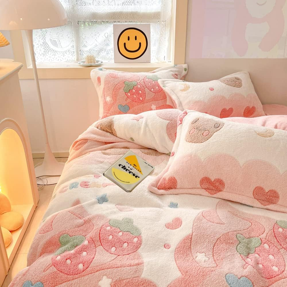 Pink Strawberry Duvet Cover Set Fluffy Kawaii Cartoon Comforter Cover Soft Kids Twin Size Bedding Set (Strawberry)