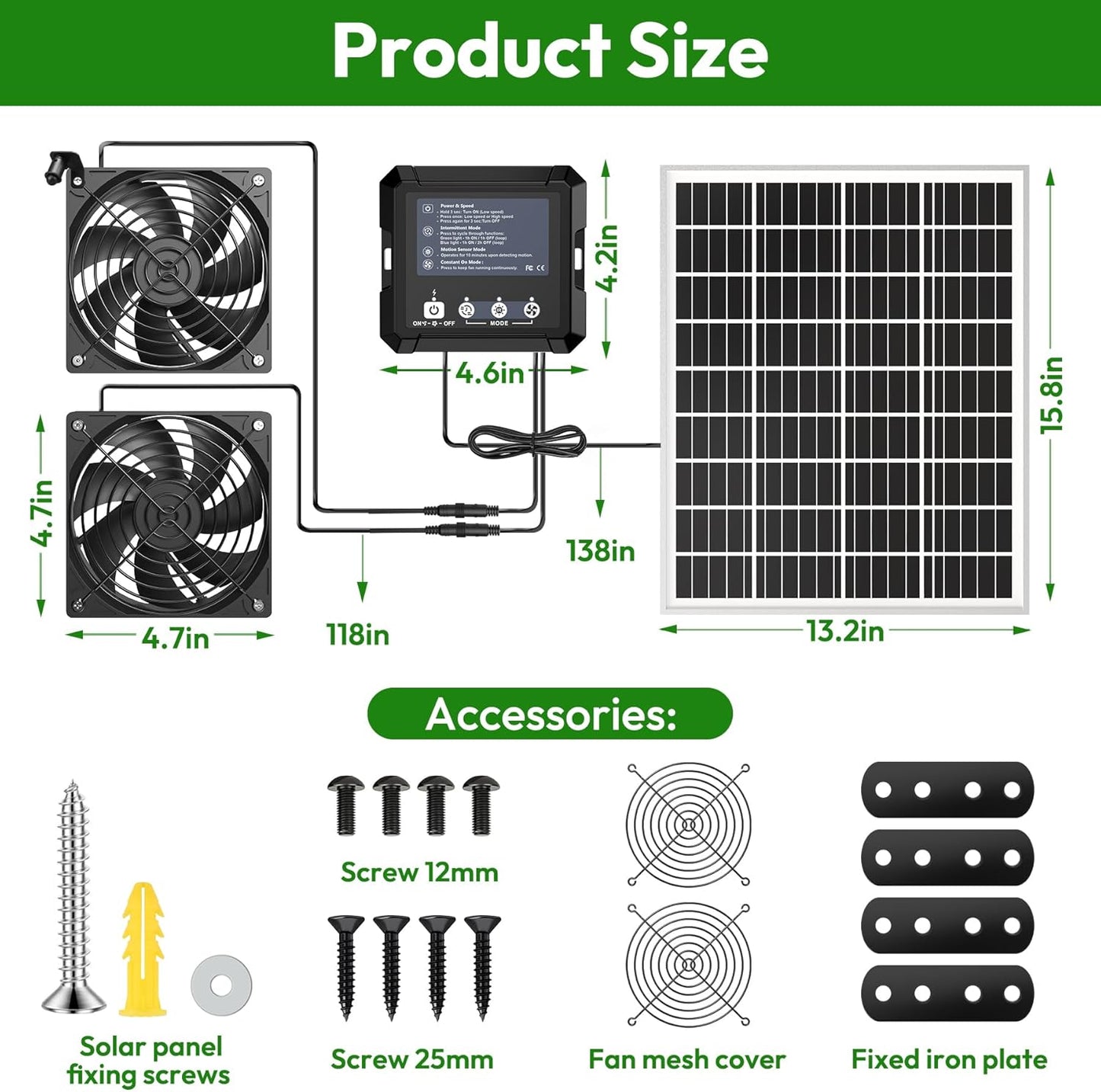 Solar Fan for Chicken Coop with 7500Mah Battery, 25W Solar Powered Fan | Ventilation Kit, Smart 3 Modes with Motion Sensor, IP65 Waterproof Solar Exhaust Fan for Greenhouse | Dog House | Workshop