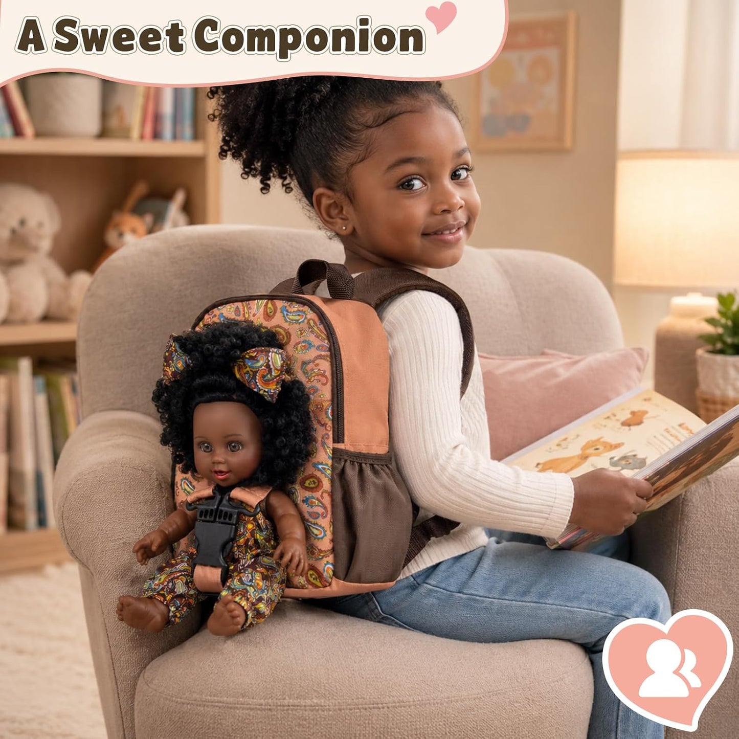 Nice2You Black Baby Doll in Take along Backpack Carrier, 10In American African Girl Doll for Toddlers and Kids Aged 3+ Year Old, Backpack for Baby Doll Accessories Storage
