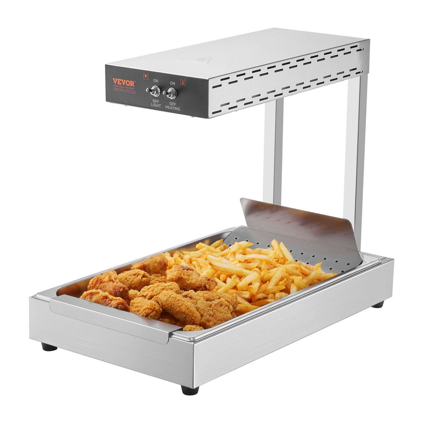 VEVOR French Fry Food Warmer, 750W Commercial Food Heating Lamp, Electric Stainless Steel Warming Light Dump Station, Countertop 104-122°F Fries Food Warmer for Chip Buffet Kitchen Restaurant, Silver