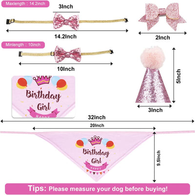Dog Birthday Party Supplies Bandana Hat Banner Set Boy Girl Cute Bow Tie Scarf Dog Birthday Decorations (Pink,Dog Girl)