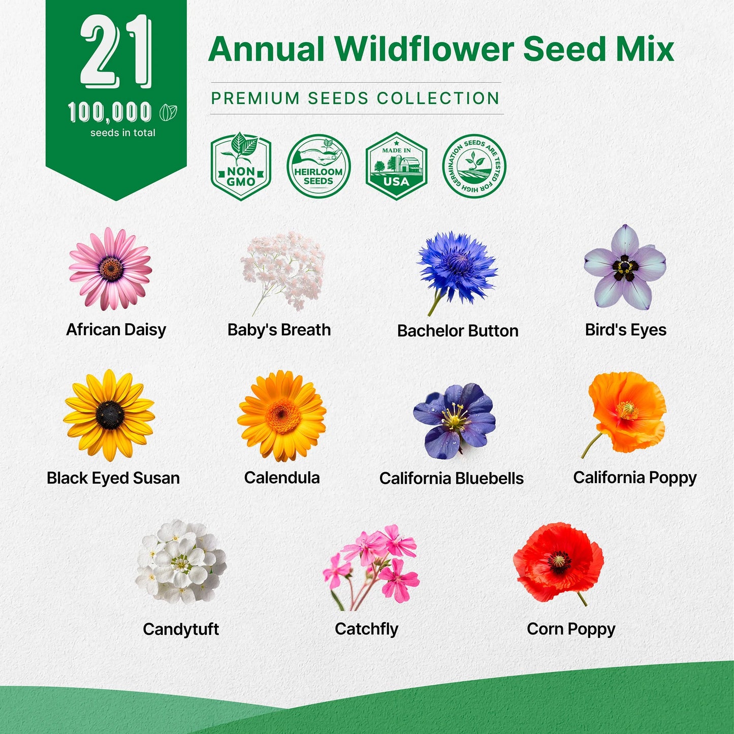 Organo Republic 21 Annual Wildflower Seeds Mix, 100,000+ Non-Gmo Heirloom Wildflower Garden Seeds