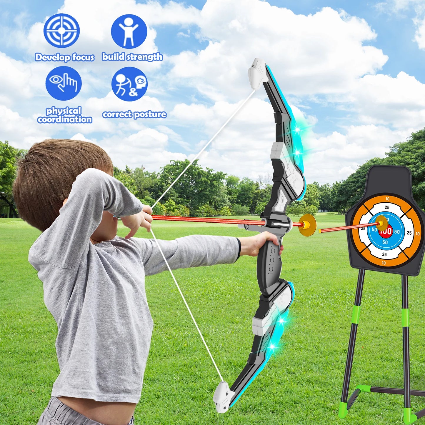 LED Bow and Arrow for Kids Light up Archery Toy Set with 10 Suction Cup Arrows 3 Target & Quiver Indoor Outdoor Garden Toys for Boys and Girls Blue