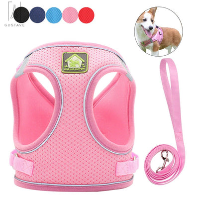 Gustave Soft Mesh Pet Dog Harness and Leash Set, No-Pull Pet Harness Adjustable Reflective Breathable Mesh for Small Medium Dogs and Cats (Pink, Size S)