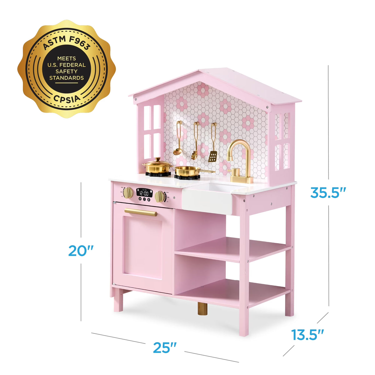 Best Choice Products Pretend Play Wooden Farmhouse Kitchen Set W/ Storage, Clicking Knobs, 5 Accessories - Rose