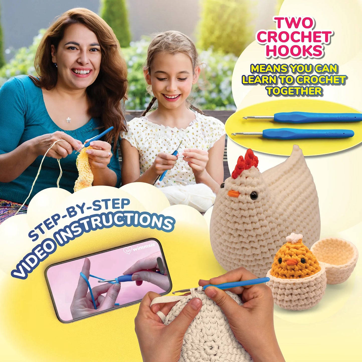Wimmsie Beginner Crochet Kit for Adults Kids and Teens - Chicken & Egg - White