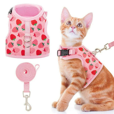 Cute Strawberry Print Princess Cat Kitten Harness and Leash Escape Proof Also for Dog and Rabbit Leash
