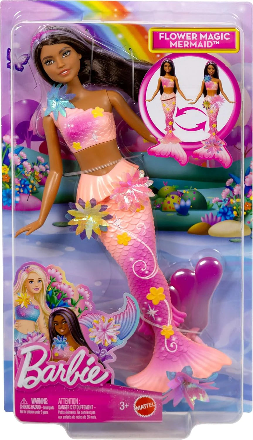 Mermaid Toy Dolls with Surprise Magic Blooming Flowers Feature, Ombre Tails, Pearl Headband Accessory & Long Brown Hair with Purple Highlights