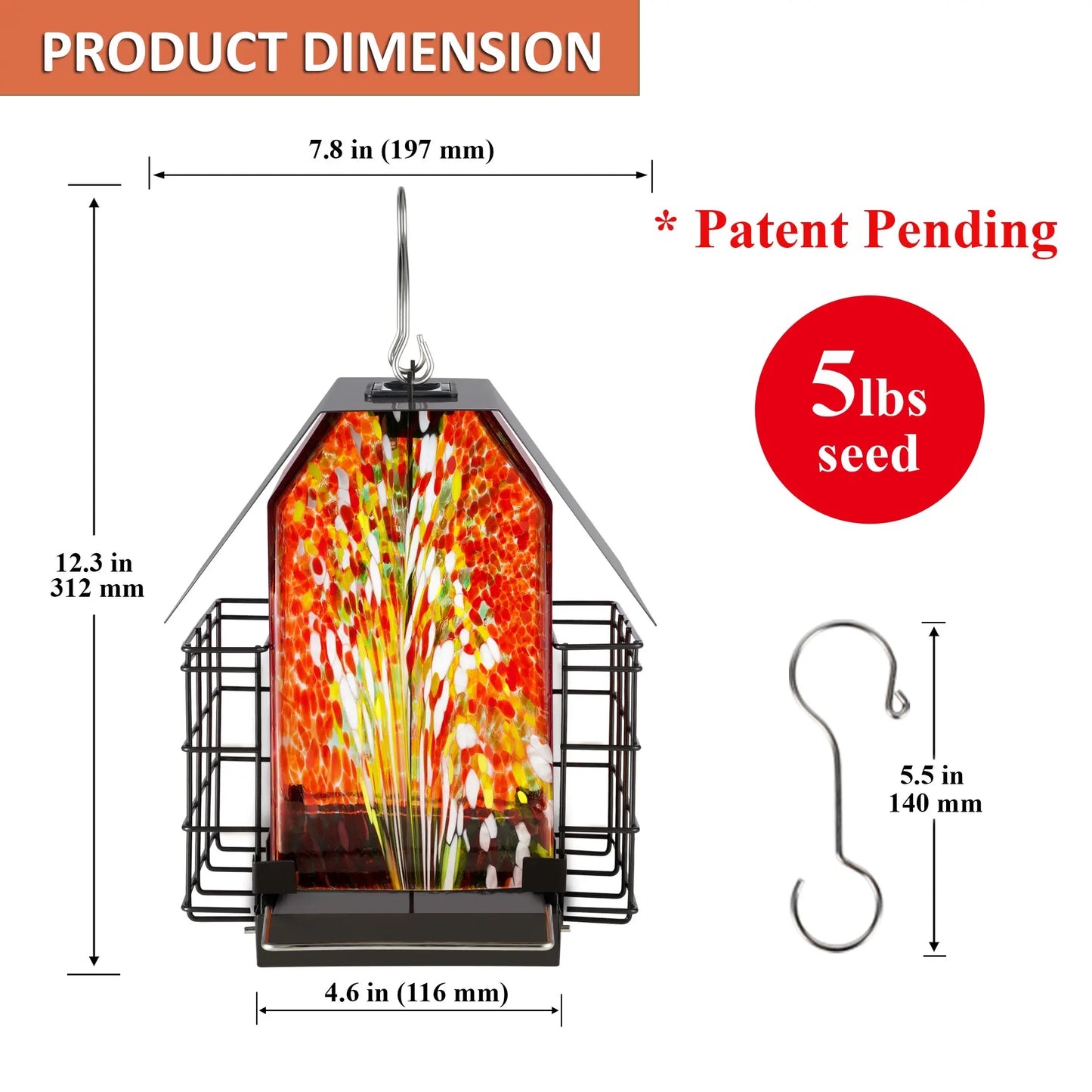 LUJII Solar Bird Feeder for Outdoors – Hand-Blown Glass with 2 Suet Cake Cages, Metal Roof, All-Weather Feeder for Woodpeckers, Cardinals, Blue Jays & Songbirds, Red, Unique Christmas & Holiday Gift for Bird Lovers