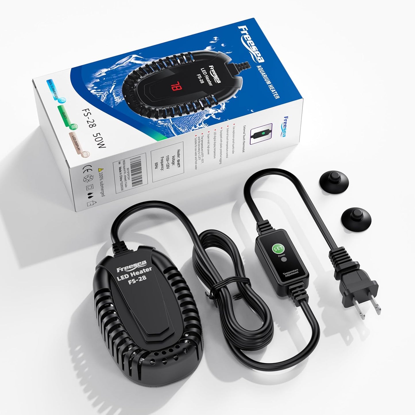 FREESEA Aquarium Fish Tank Heater: 50W Small Submersible Turtle Heater with Adjustable Temperature External Controller for Betta | Saltwater | Freshwater | 1-10 Gallon