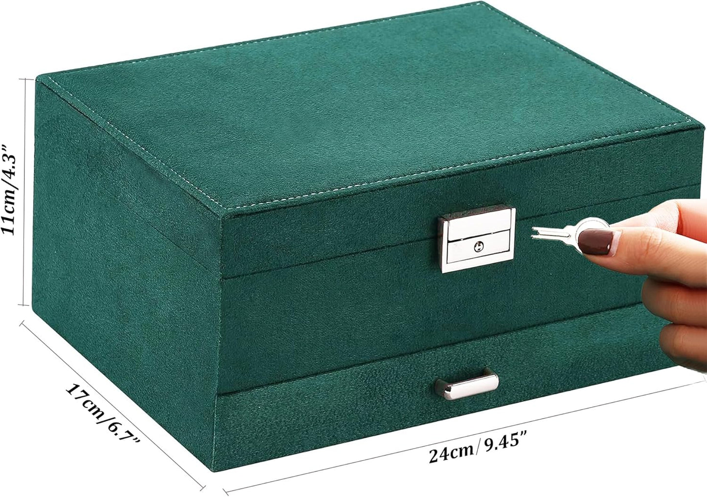 Jewelry Box for Women with Drawer, 3-Layer Large Jewelry Organizer with Lock & Key, 8 Necklace Hooks & 56 Earring Holes, Green Velvet Jewelry Storage Box for Necklaces Earrings Rings Bracelets