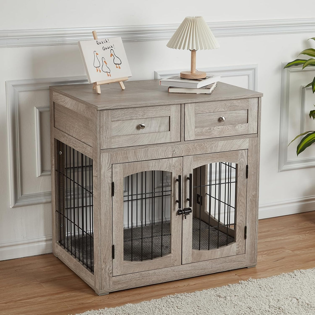 Dog Crate Furniture with Double Drawers, Wooden End Table Dog Kennel, Furniture Style Wood House Crate for Small/Medium/Large Dogs, Decorative Dog Crate with Storage for Large Breed, 32 Inch,Gray