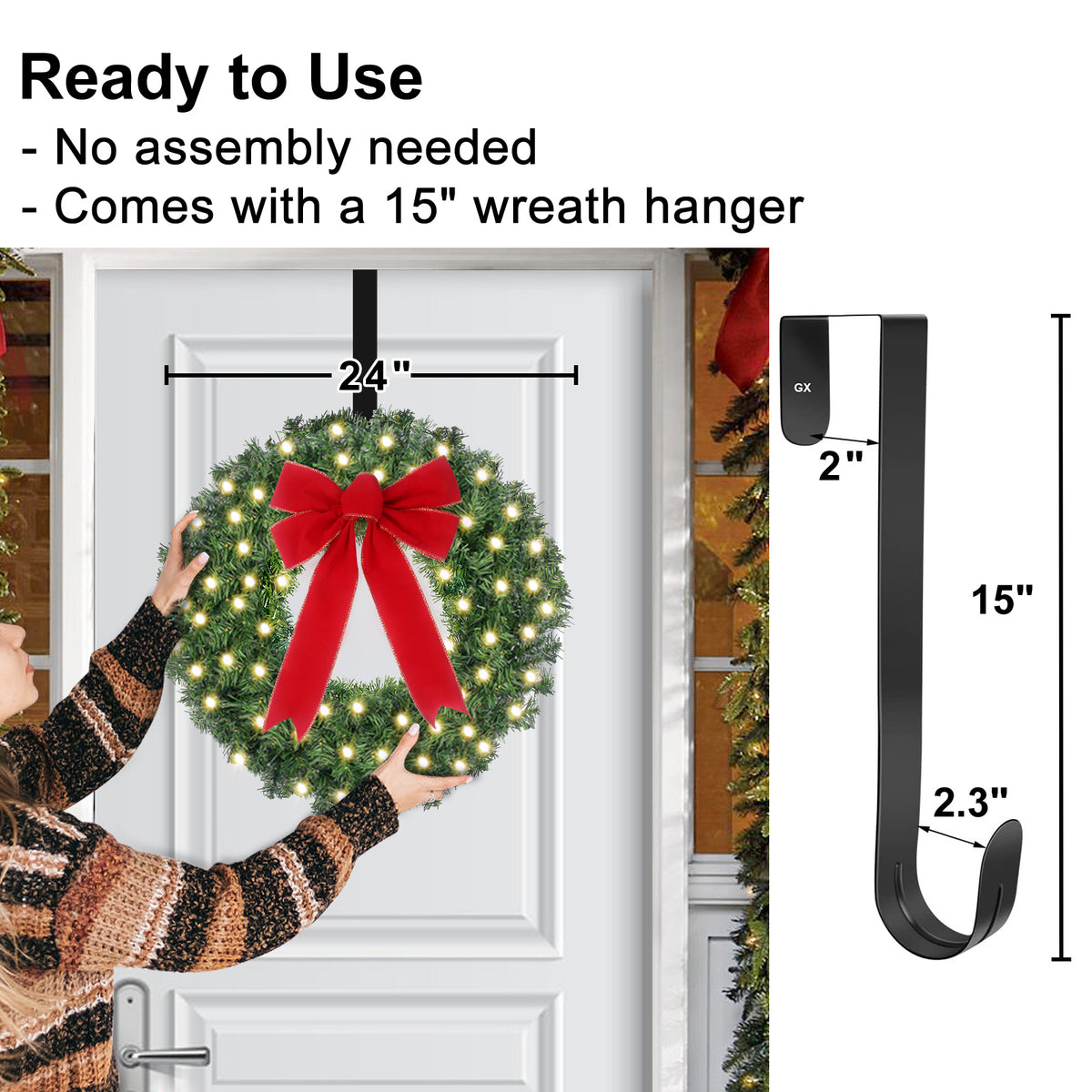 24Inch Christmas Wreath Prelit Warm White USB Lights with Hanger and Remote for Outdoor Indoor Decorations