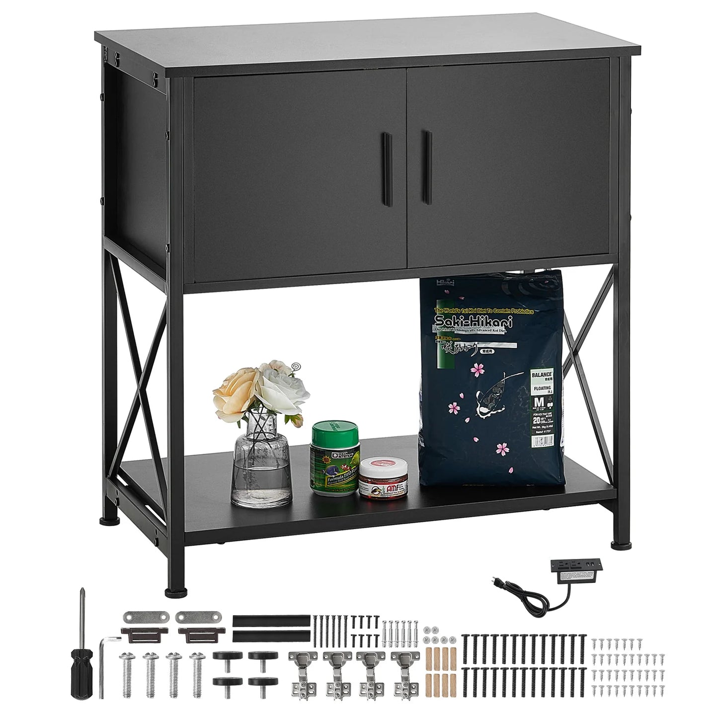 Aquarium Stand, 29 Gallon Fish Tank Stand, 28.7 X 16.5 X 30 in Steel and MDF Turtle Tank Stand, 242.5 Lbs Load Capacity, Reptile Tank Stand with Storage Cabinet and Embedded Power Panel, Black