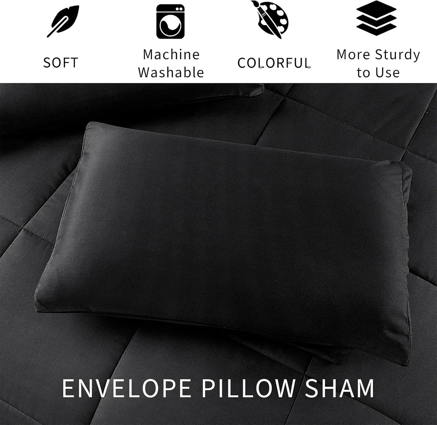 Exclusivo Mezcla Lightweight Reversible Queen Size Comforter Set, down Alternative Comforter with 2 Pillow Sham, Queen Size Bedding Set for All Seasons, Black