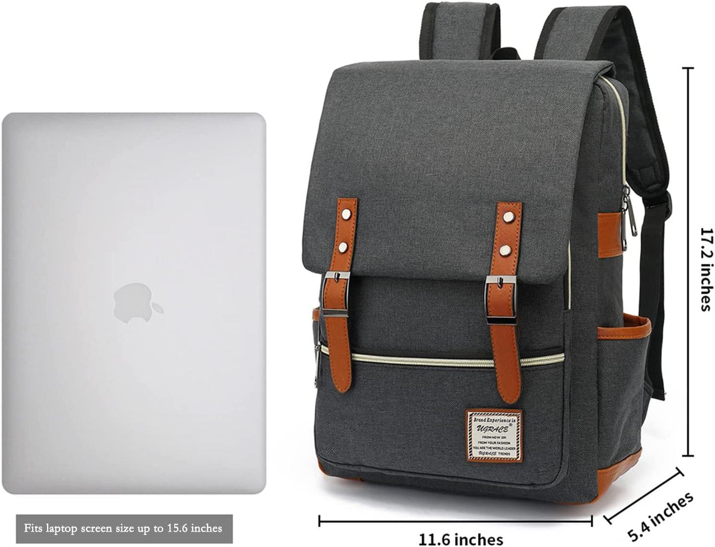 UGRACE Slim Business Laptop Backpack Casual Daypacks College Shoulder Bag for Men Women, Tear Resistant Unique Travelling Backpack Fits up to 15.6 Inch Laptop in Charcoal Black
