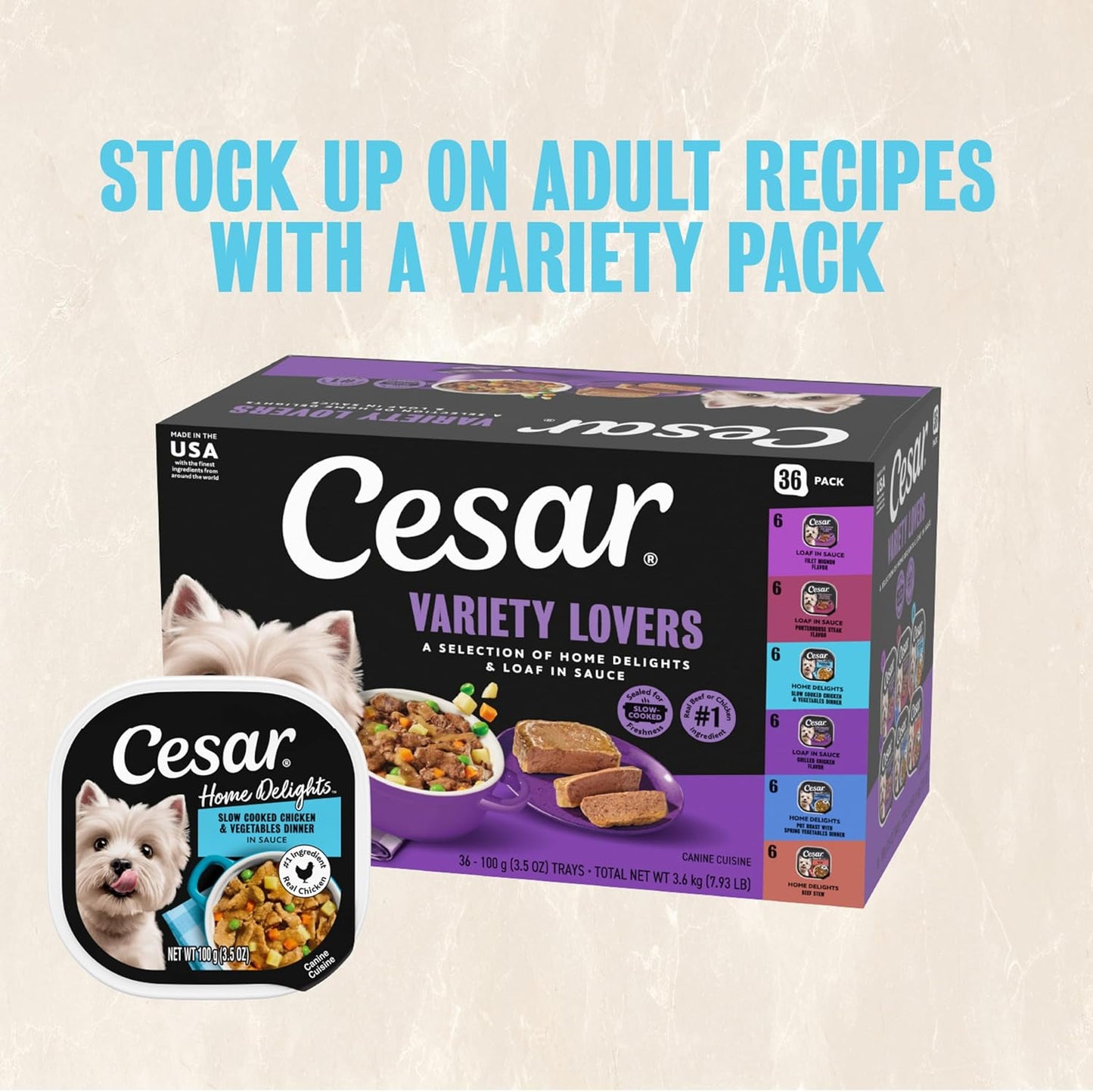Cesar Wet Dog Food Home Delights & Classic Loaf in Sauce, Variety Pack, 3.5 Oz, 36 Count (Pack of 1)