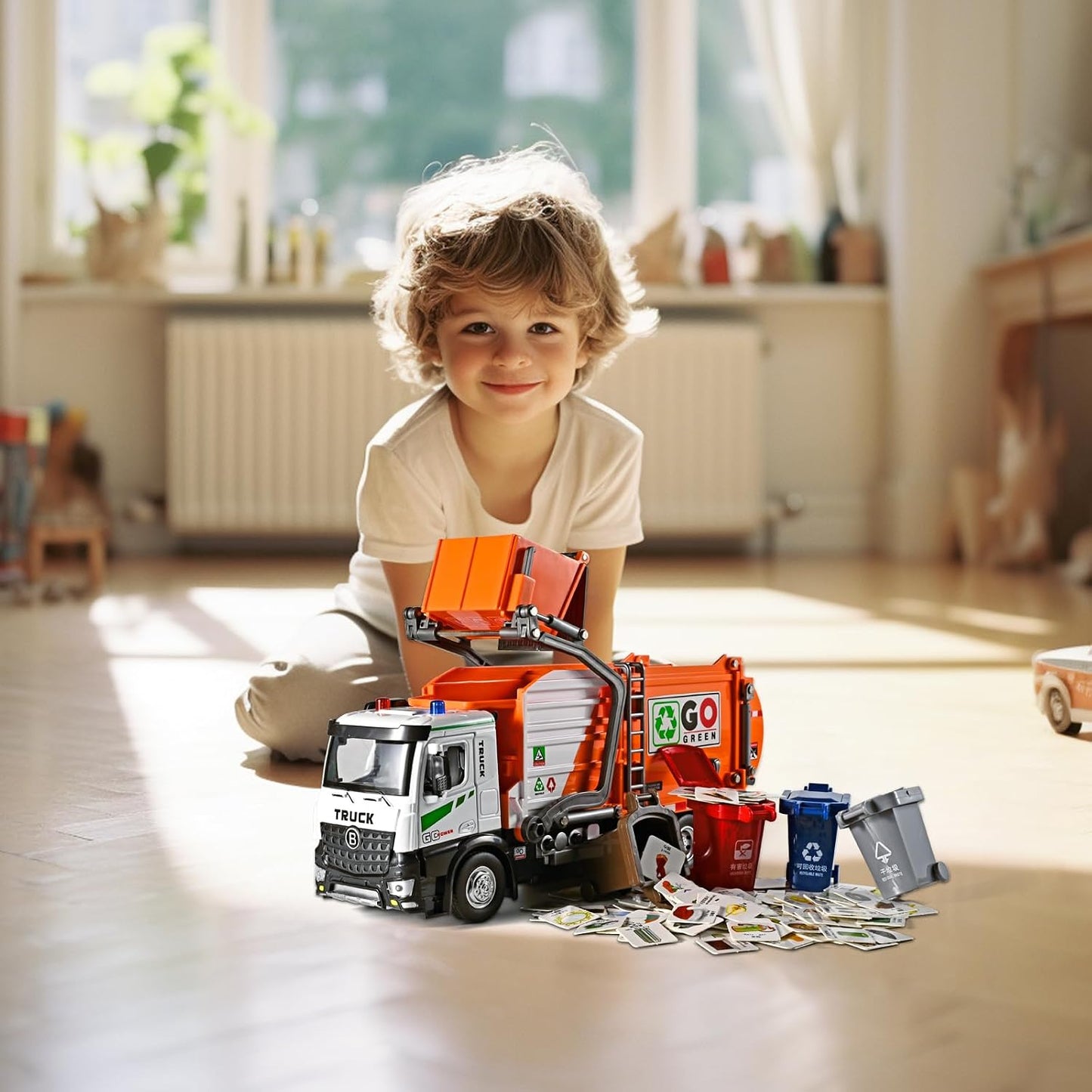 Large Metal Garbage Truck Toy for Boy 4-7, Kid Trash Truck with Auto-Lift Function, Trash Truck Toy with Light and Sound, Metal Cab, Birthday Gift Kids Pretend Play Toy Garbage Truck for Boys
