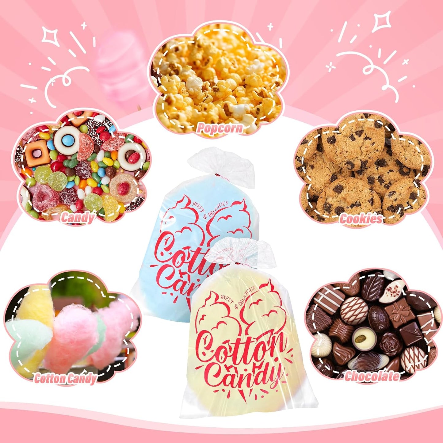 100PCS Cotton Candy Bags, 11.8X17.7 Inch Candy Supplies Perfect for Sticks and Cones, Cotton Candys Bulk Accessories for Carnivals