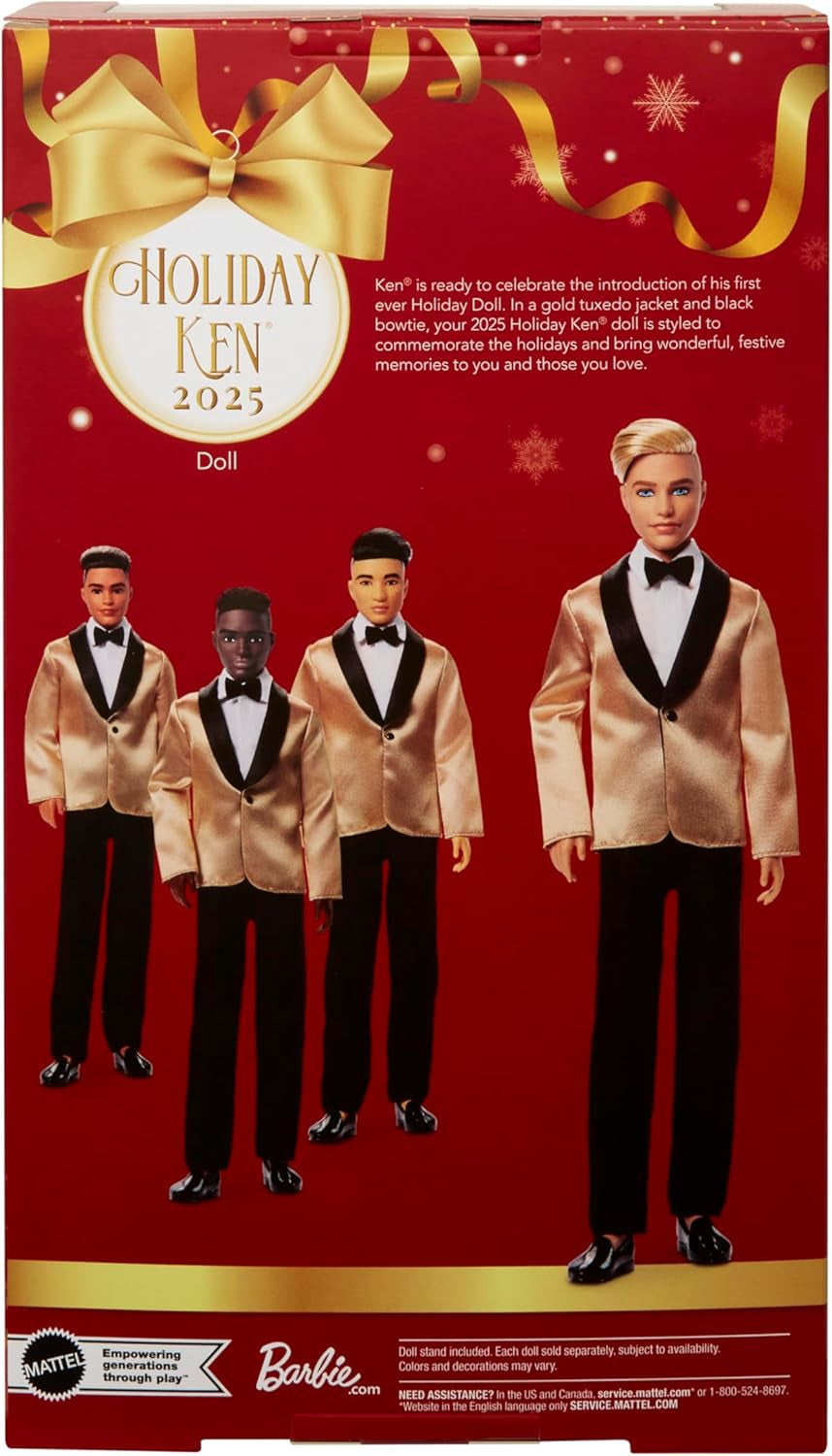 Barbie Signature 2025 Holiday Blonde Ken Collectible Fashion Doll Wearing Full Suit with Golden Jacket in Displayable Packaging & Doll Stand