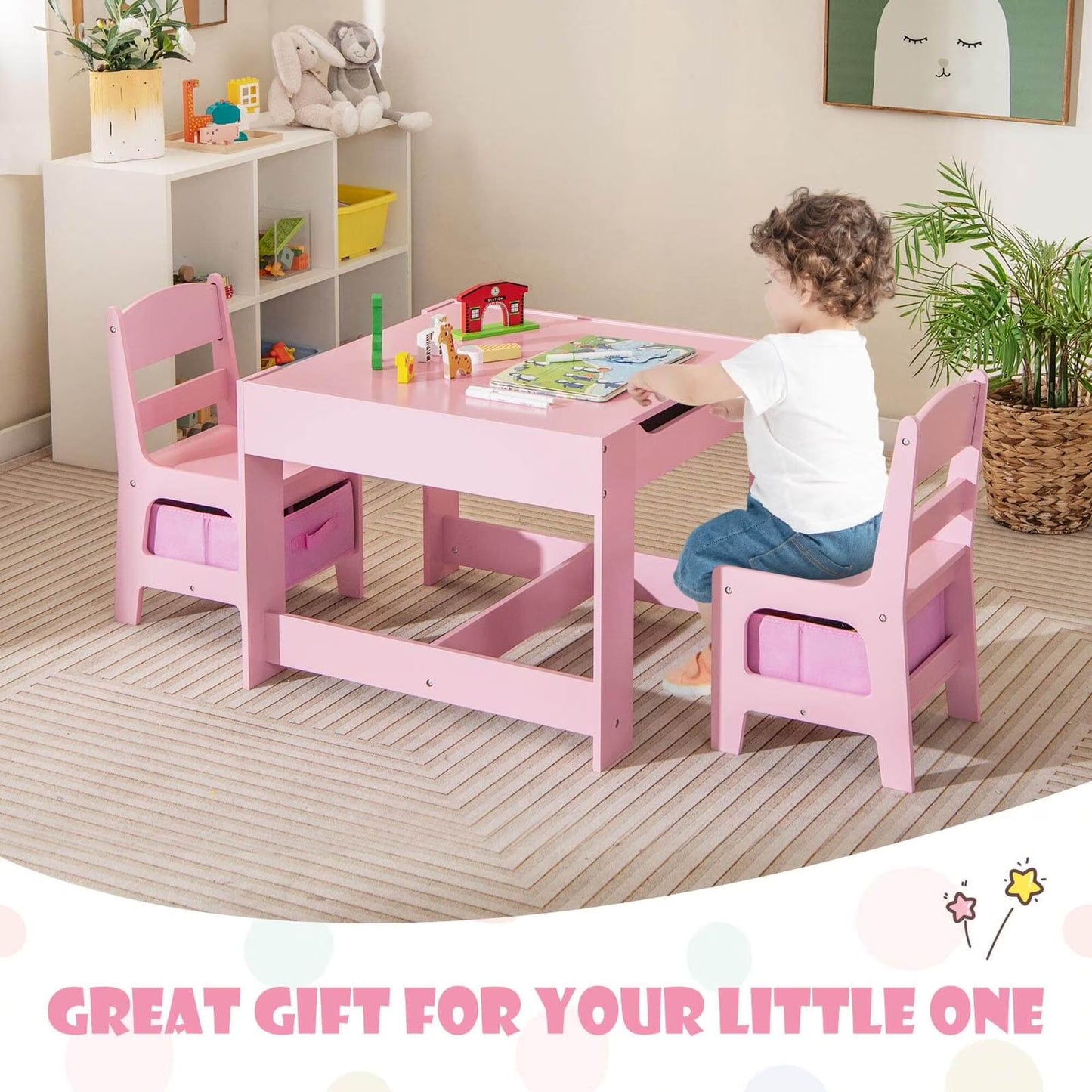 Costway 3 in 1 Wood Activity Table Chair Set W/Storage Box Pink