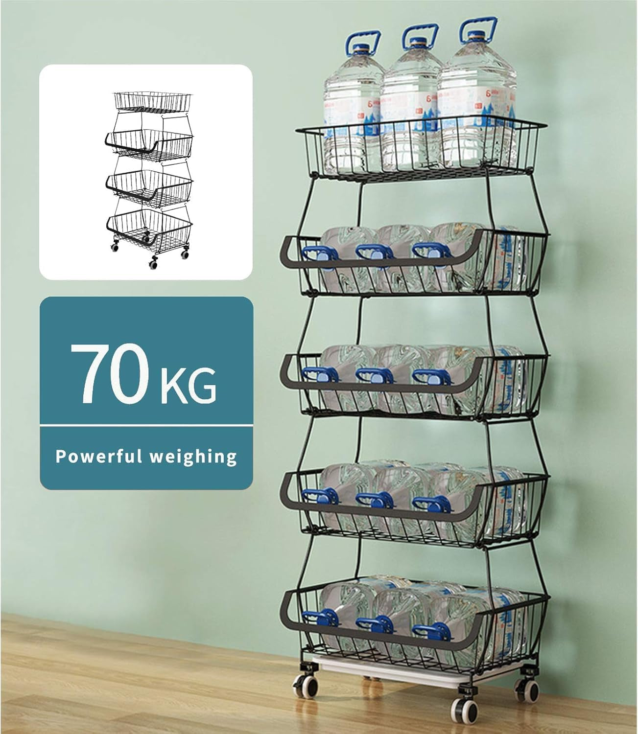 Carolyndesign Kitchen Storage Baskets Black Iron Wire Storage Bins with Wheels and Feet, Stackable Vegetable Storage Baskets (6-Tier Baskets)