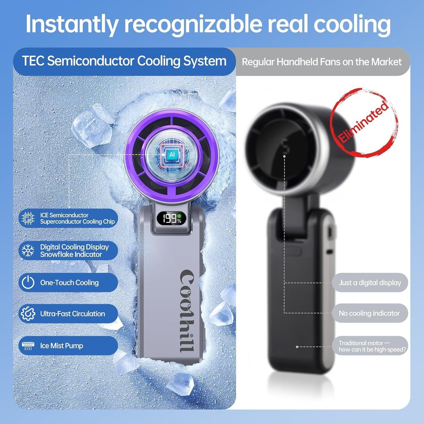 Handheld Portable Fan with Turbo Cooling - Hand Held Fan Rechargeable, 1-199 Speeds, up to 12Hrs Battery Life, Powerful Mini Personal Fan for Travel, Outdoor, Beach & Makeup