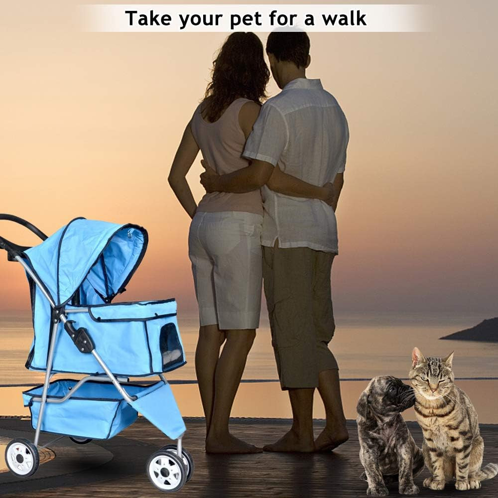 Dkeli 3-Wheel Pet Stroller, Lightweight Foldable Dog Stroller for Small Medium Dogs & Cats, Breathable Mesh & Weather Cover with Storage Basket, for Daily Walk Outdoor Travel (Blue)