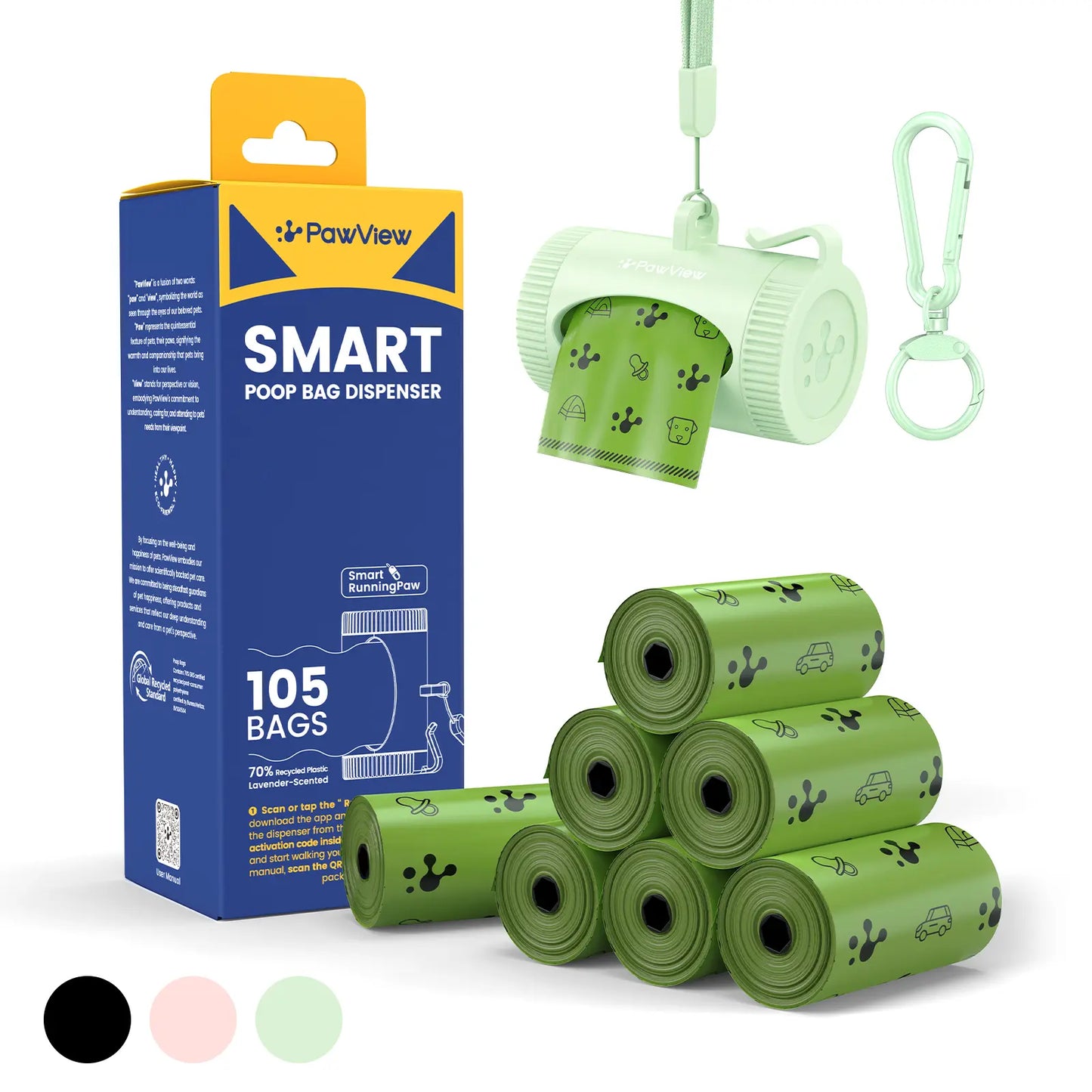 Pawview | Dog Poop Bag Dispenser with 7 Refills, Extra-Thick, Durable and Guaranteed Leakproof, Lavender Scented, Hands-Free Walking Set for Big and Small Dogs