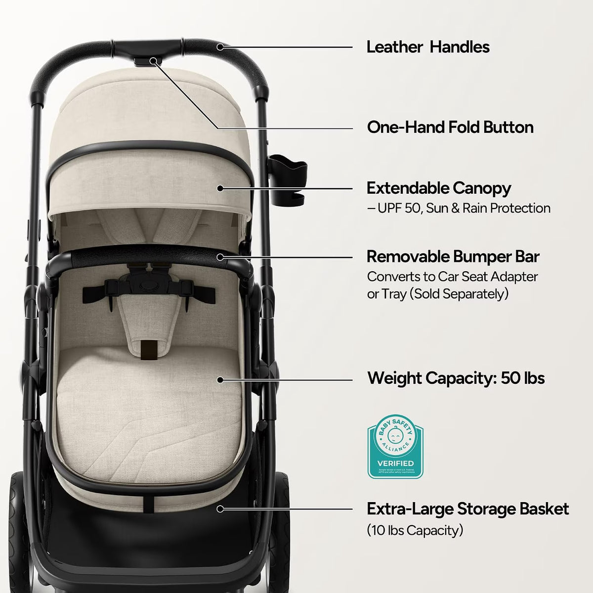 Mompush Wiz 2-In-1 Baby Stroller with Bassinet Mode, Reversible Seat and Large Canopy, Khaki, 22.3LB, Unisex