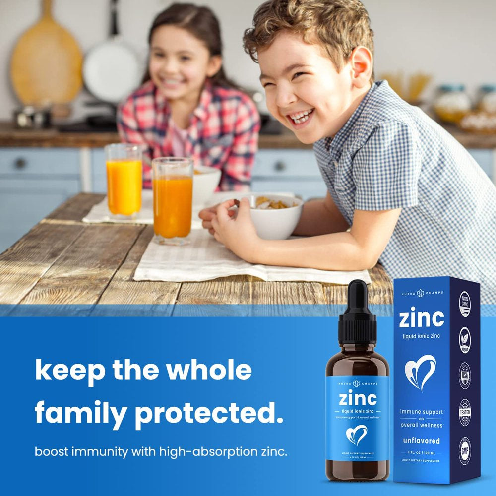 Nutrachamps Liquid Zinc for Kids & Adults | Vegan, Organic Pure Ionic Zinc Drops Enhanced with Vitamin C | Elemental Zinc Supplements for Immune Support | Sugar-Free Organic Zinc Liquid 4 Oz