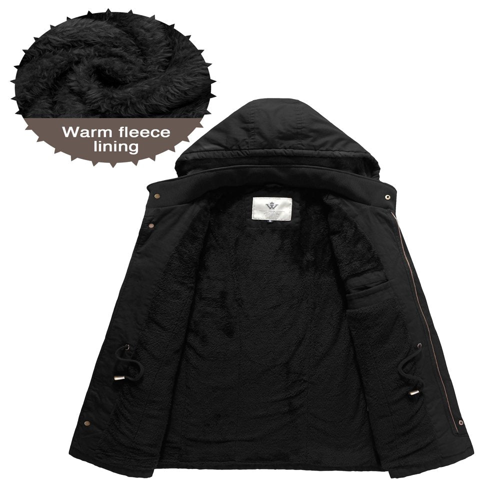 Wenven Men'S Winter Safari Casual Fleece Lined Parka Jacket with Hood Black L