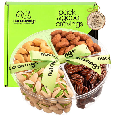 Nut Cravings Gourmet Collection - Mixed Nuts Gift Basket + Green Ribbon (4 Assortments) Food Bouquet Arrangement Platter, Birthday Care Package Tray, Healthy Kosher Snack Box, Women Men