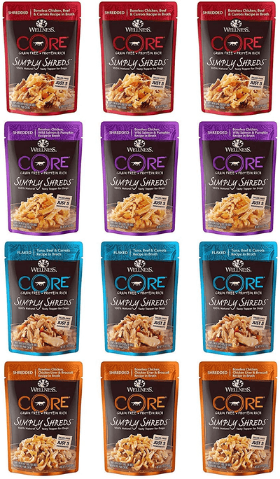 Wellness CORE Simply Shreds Natural Grain Free Wet Dog Food Toppers Variety Pack, 4 Flavors, 2.8 Ounce Each (12 Total Pouches)