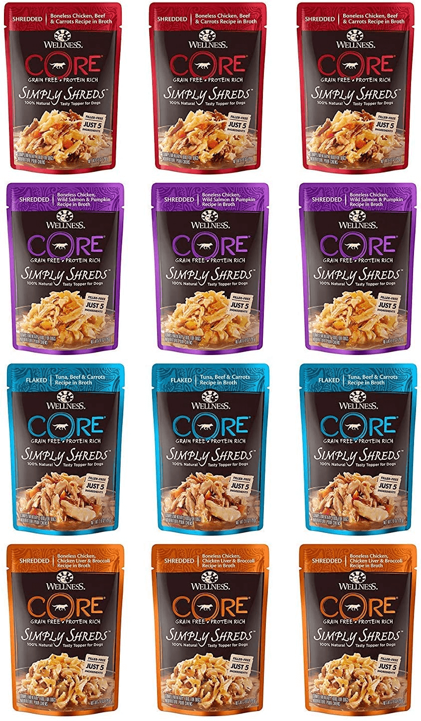 Wellness CORE Simply Shreds Natural Grain Free Wet Dog Food Toppers Variety Pack, 4 Flavors, 2.8 Ounce Each (12 Total Pouches)
