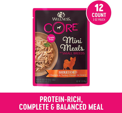 Wellness CORE Mini Meals Grain Free Wet Dog Food, Chunky, Pate, Shredded Meat in Gravy, Complete & Balanced, Dog Food Topper, Mixer or Complete Meal, Easy to Open Pouch