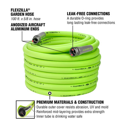 Flexzilla® Garden Hose, 5/8" X 100', 3/4" - 11 1/2 GHT Fittings, Flexible Hybrid Polymer, Zillagreen®