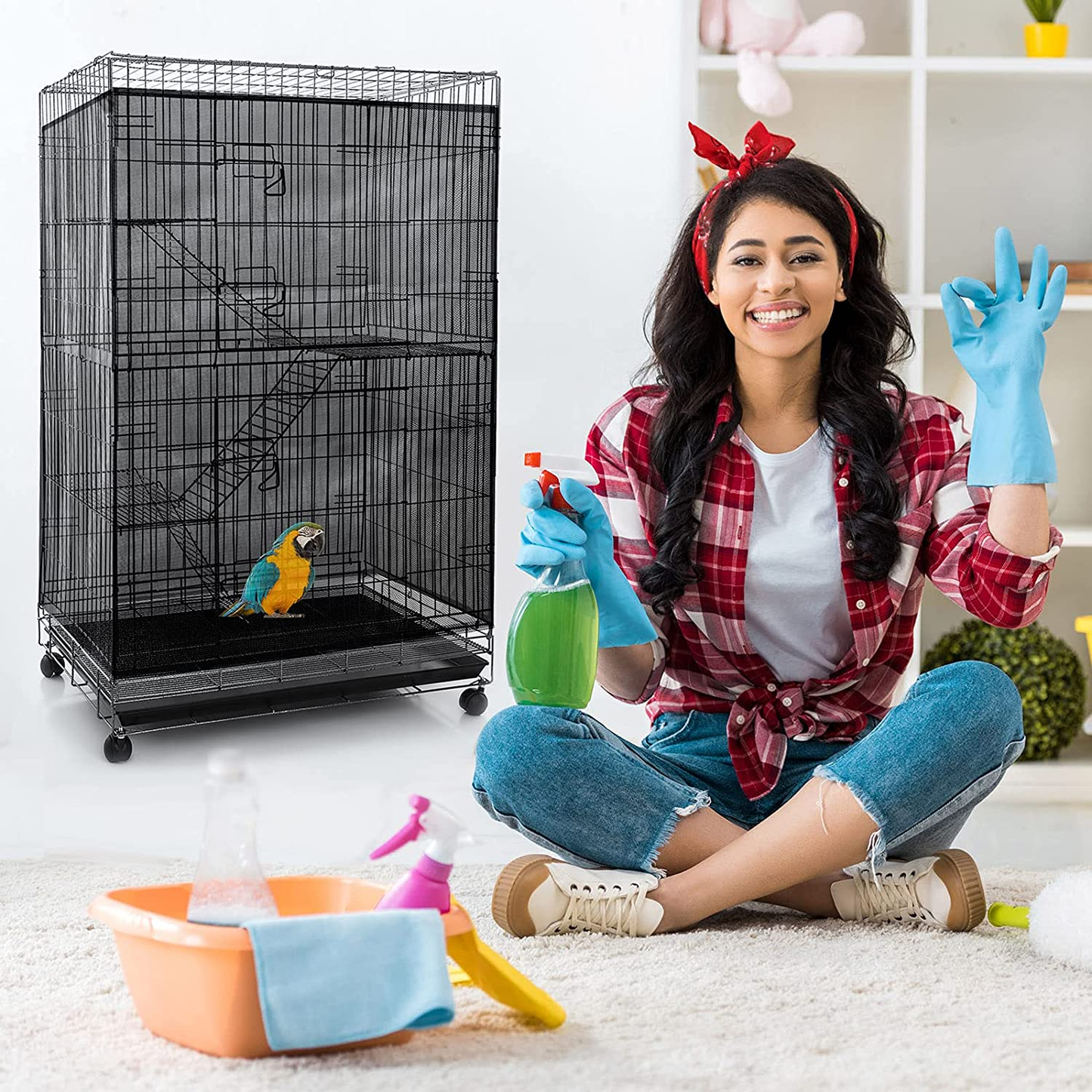 Adjustable Bird Cage Net Cover Birdcage Seed Feather Catcher Soft Skirt Guard Birdcage Nylon Mesh Netting for Parrot Parakeet Macaw round Square Cages (Black,118 X 39.4 Inch/ 300 X 100 Cm)