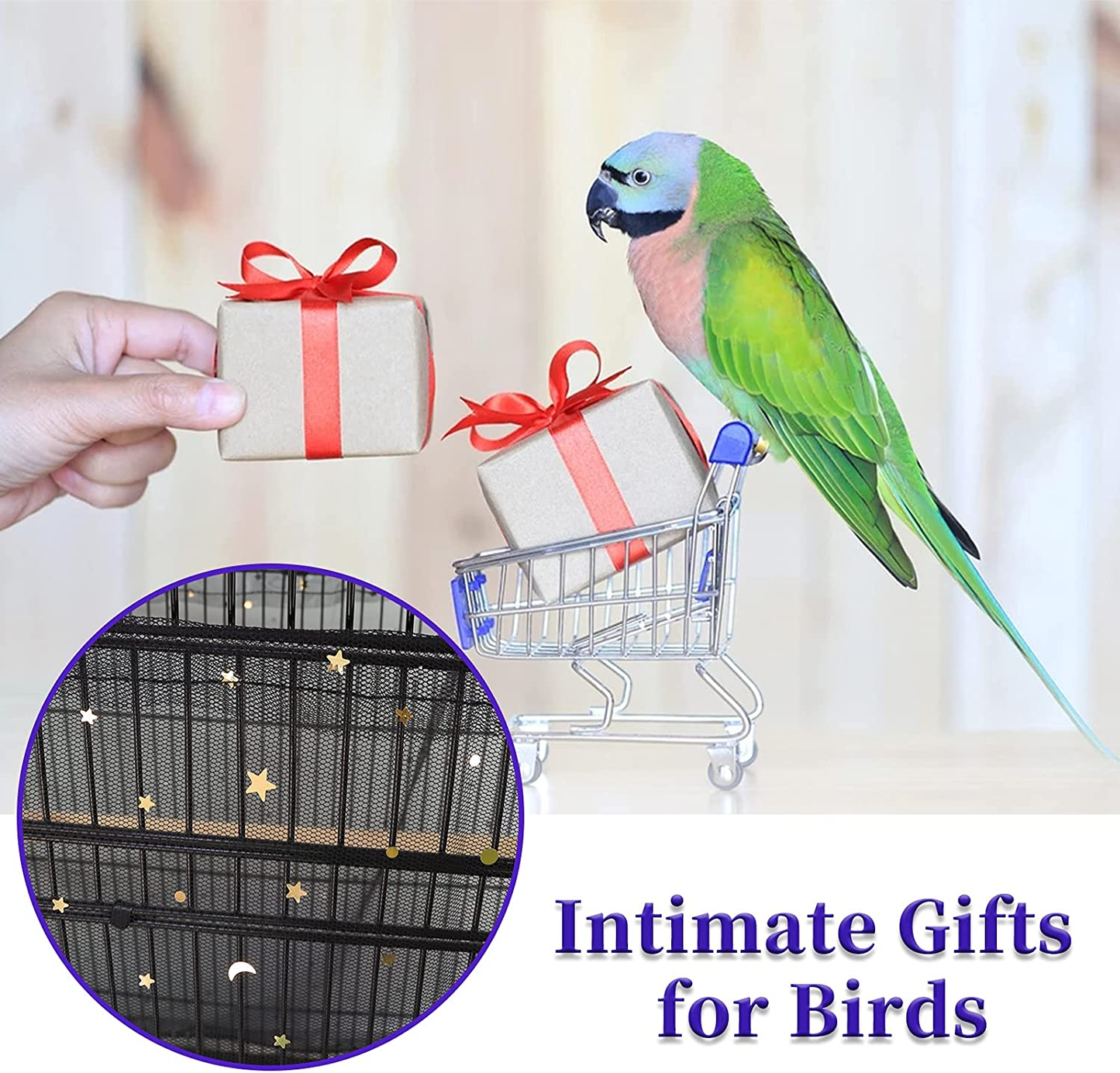 Large Bird Cage Cover, Bird Cage Seed Catcher, Adjustable Soft Nylon Mesh Net with Twinkle Moon Star, Birdcage Cover Skirt Seed Guard for Parrot Parakeet Macaw round Square Cages (Black)