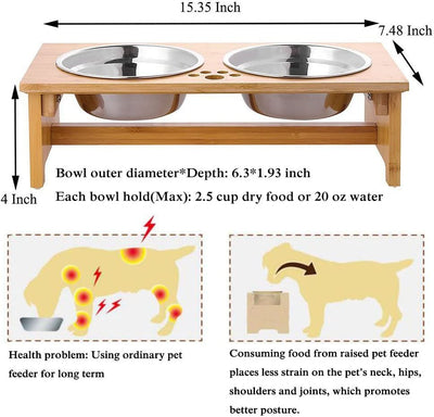 FOREYY Raised Pet Bowls for Cats and Small Dogs, Bamboo Elevated Dog Cat Food and Water Bowls Stand Feeder with 2 Stainless Steel Bowls and anti Slip Feet