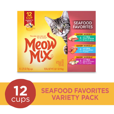 Meow Mix Savory Morsels Seafood Favorites Variety Pack, 2.75-Ounce Cans, Pack of 12