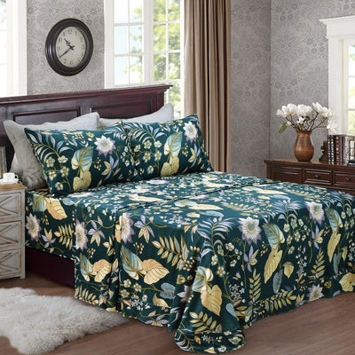FADFAY Sheets Set Queen Teal Elegant Floral Bedding Tropical Plam Leave Sunflower Bedding 800 Thread Count Luxury Summer Bedding 100% Egyptian Cotton Deep Pocket Bed Sheets Set, 4 Pieces-Queen Size