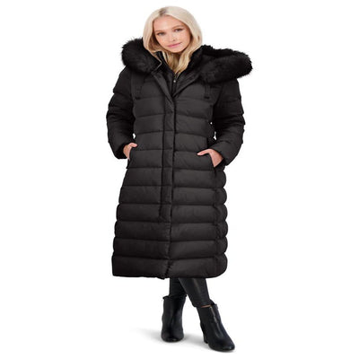 Tahari Nellie Long Coat for Women-Insulated Jacket with Removable Faux Fur Trim