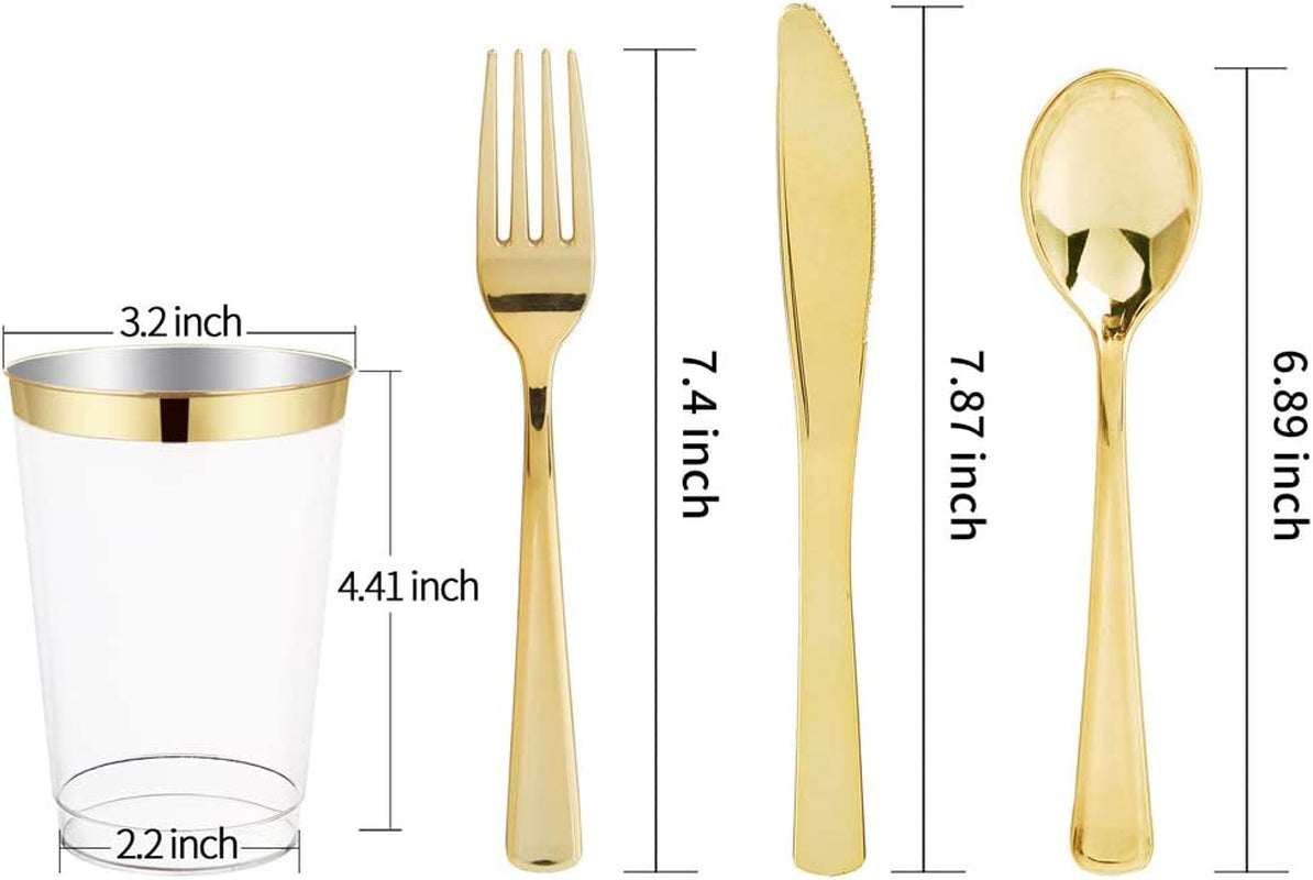 I00000 150Pcs Gold Plastic Plates & Disposable Silverware & Gold Cups, Lace Design Clear Dinnerware Include: 25 Dinner Plates, 25 Dessert Plates, 25 Tumblers, 25 Gold Silverware