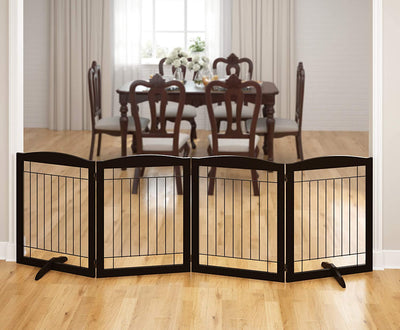 PAWLAND 96-Inch Extra Wide Dog Gate for the House, Doorway, Stairs, Freestanding Foldable Wire Pet Gate, Set of Support Feet Included (Espresso, 30" Height-4 Panels)