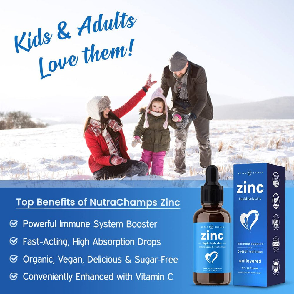 Nutrachamps Liquid Zinc for Kids & Adults | Vegan, Organic Pure Ionic Zinc Drops Enhanced with Vitamin C | Elemental Zinc Supplements for Immune Support | Sugar-Free Organic Zinc Liquid 4 Oz