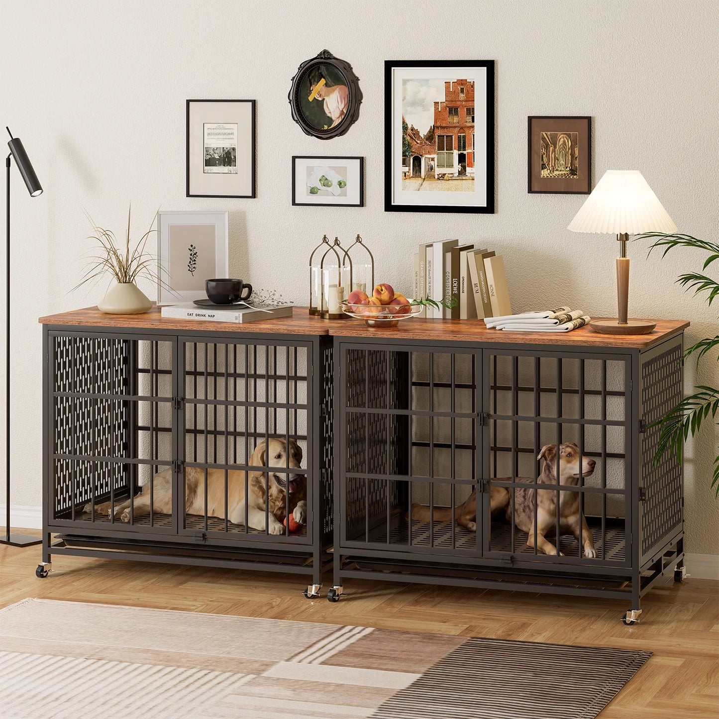Winkalon 42 Inch Large Dog Crate Rustic Style Furniture Dog Cage Crate with 3 Doors and 4 Wheels Heavy-Duty Kennel,Brown