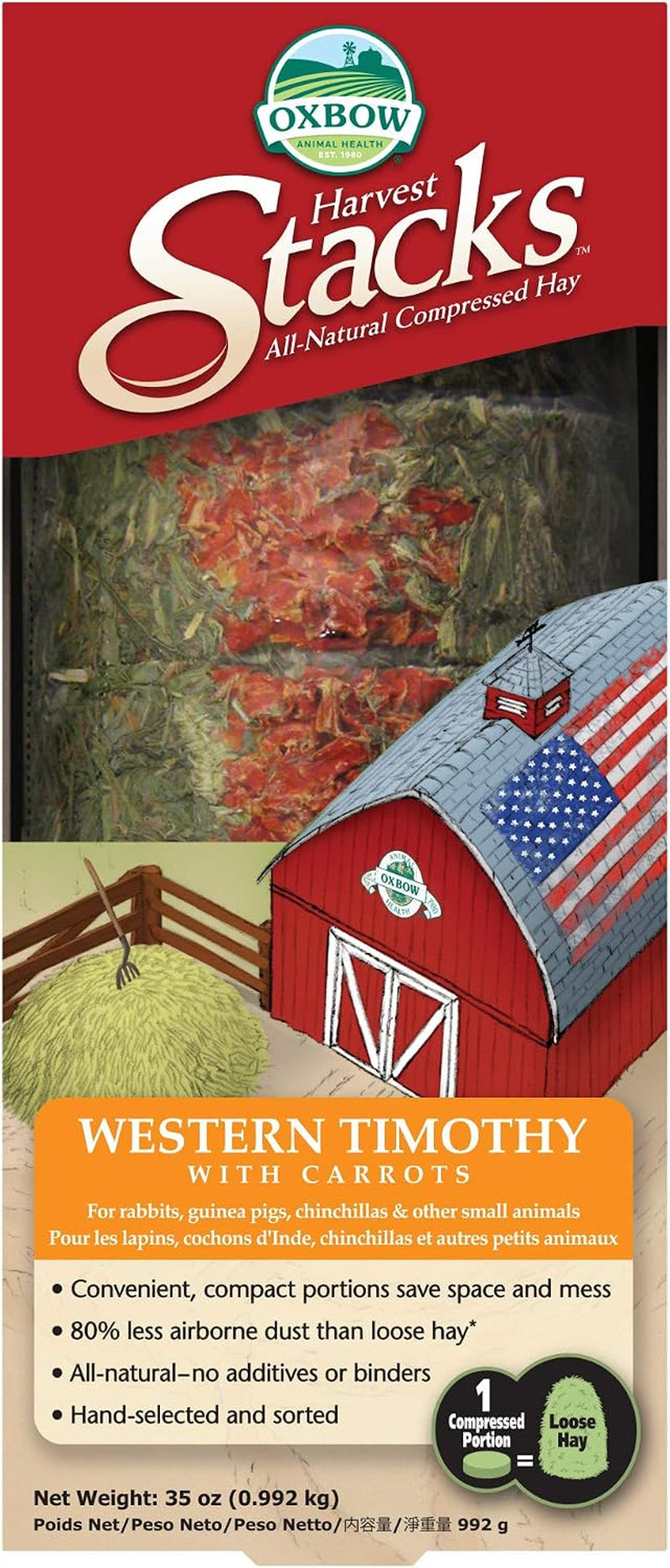 Oxbow Harvest Stacks, Timothy Hay, Rabbits & Guinea Pigs, Carrot, 35 Oz | Compressed Timothy Hay Stacks for Rabbits, Guinea Pigs & Chinchillas, Less Dusty, Travel Friendly, Easy to Feed, Made in USA