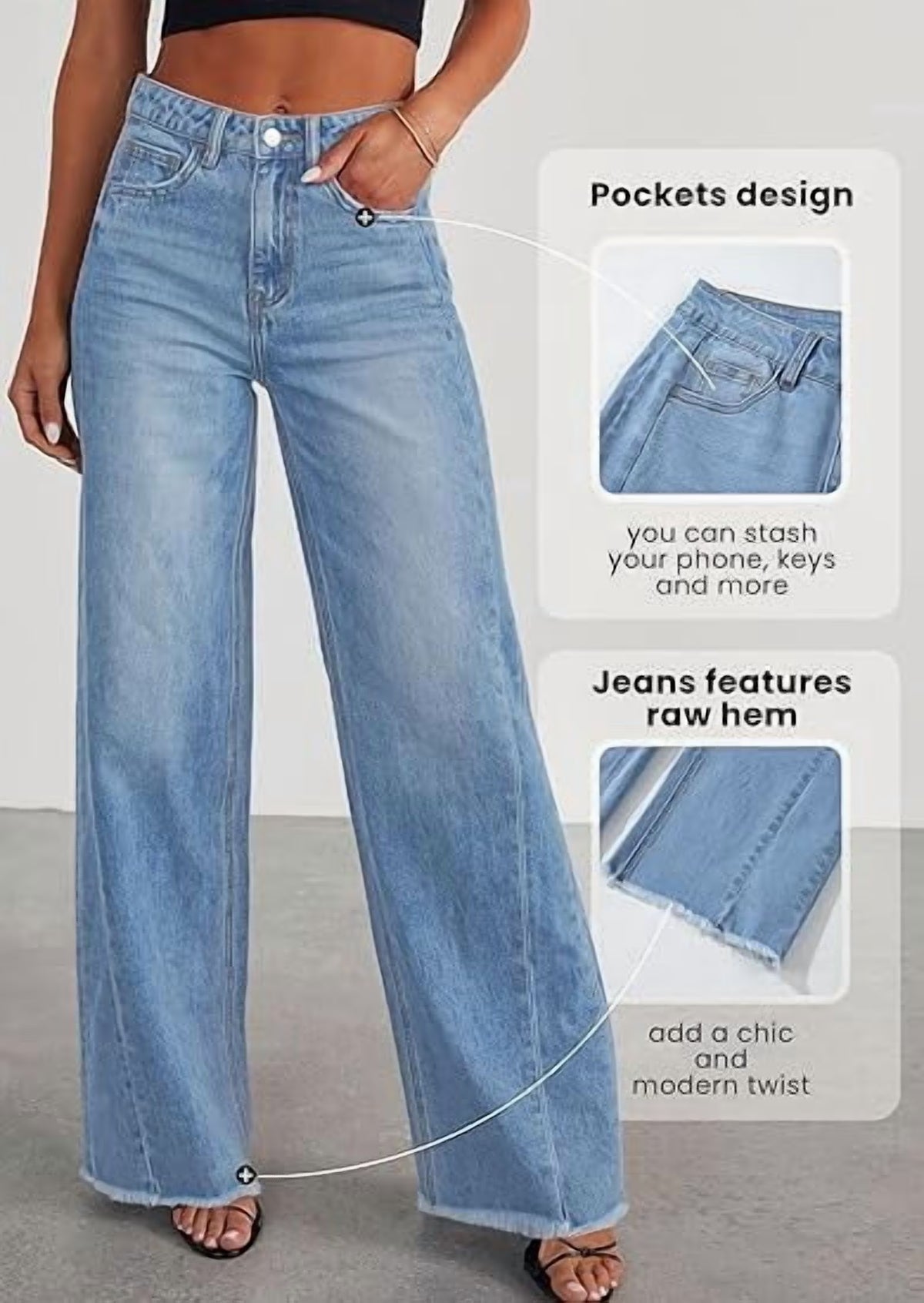 PRETTYGARDEN Wide Leg Jeans for Women Trendy High Waisted Stretchy Baggy Raw Hem Denim Palazzo Pants with Pockets